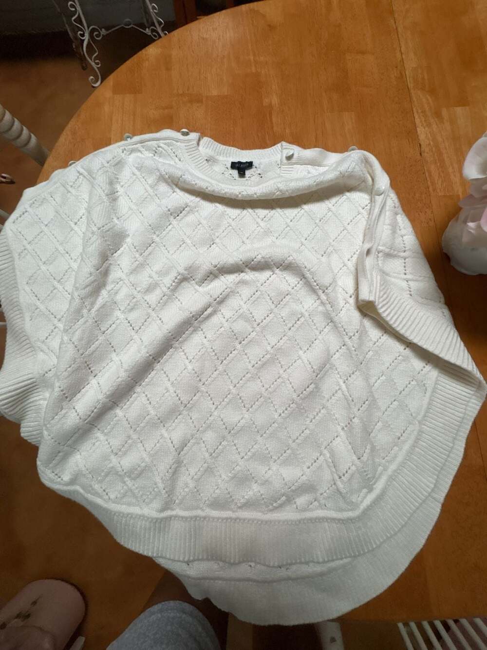 Talbots Ivory Pointelle Knit Sweater Poncho with Enamel Button Details